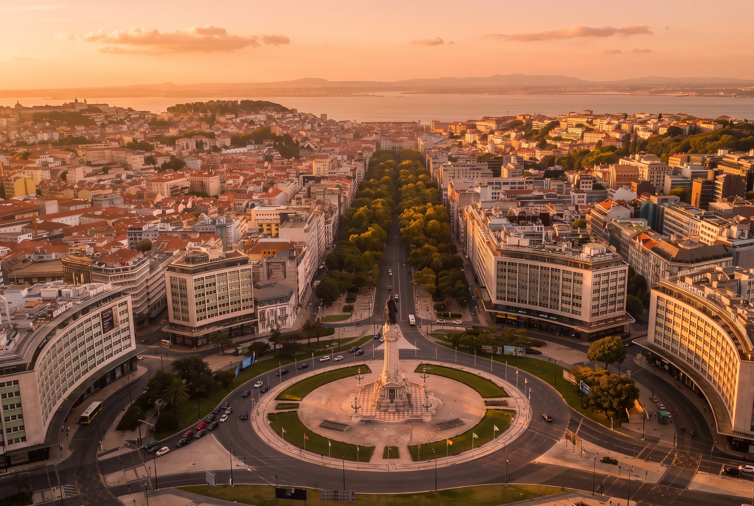 The Marquês de Pombal monument looking down Avenida da Liberdade towards the Tagus at sunset